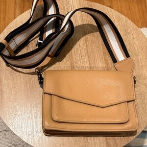 Botkier Cobble Hill Leather Crossbody Bag – Camel Tan with Striped Webbing Strap